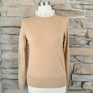 J.Crew Camel Tan 100% Merino Wool Lace Ruffle Collar Sweater Keyhole Back Small